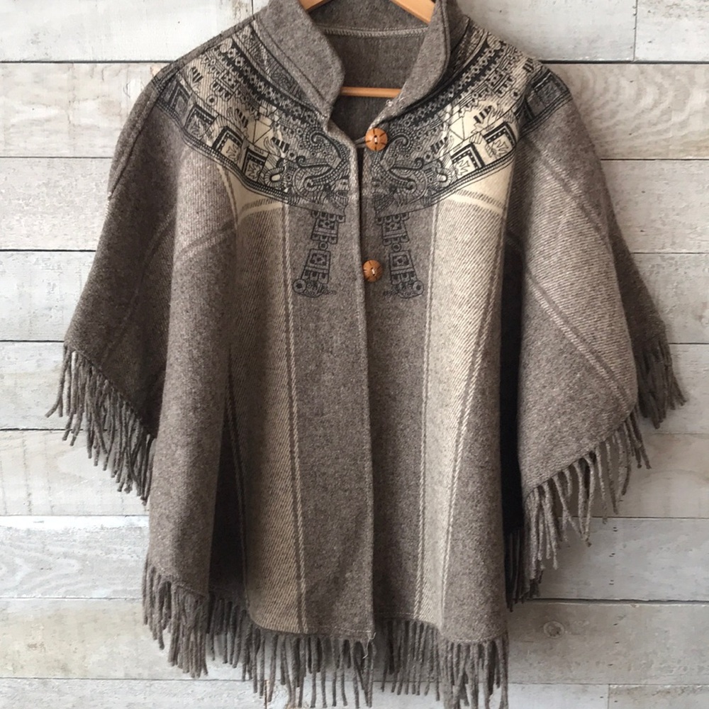 Genuine Wool Fringe button poncho Cape